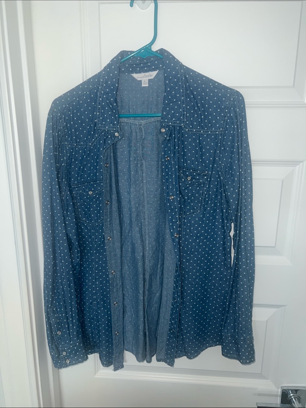 Charming Charlie Denim Blue Polka Dot Button-Down Shirt